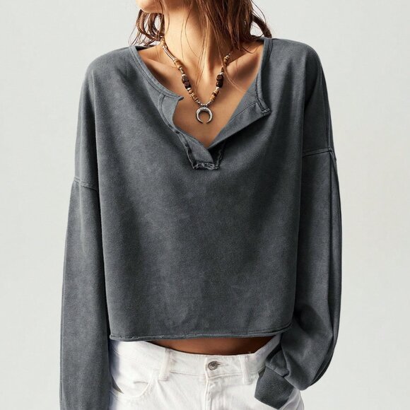 Dark Grey Casual Women's V-Neck Long Sleeve Loose Pullover Sweatshirt - Picture 5 of 8